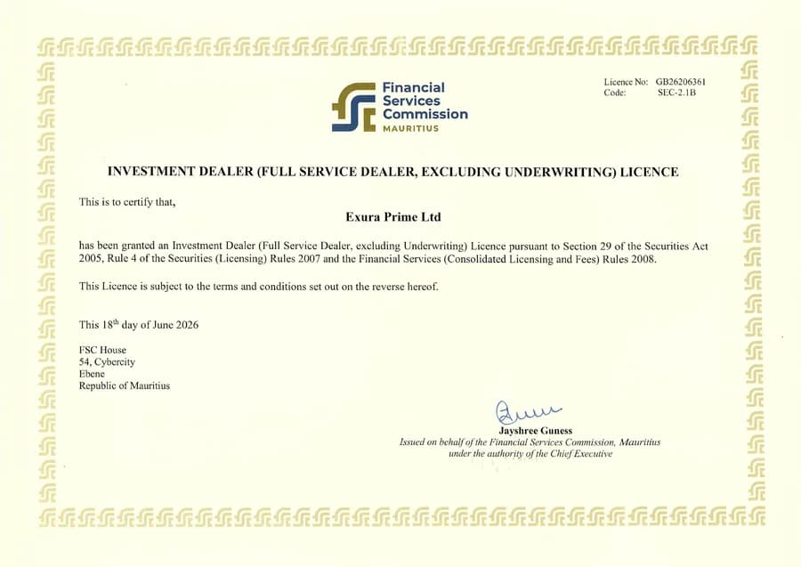 Certificat de licence Investment Dealer FSC Maurice d'Exura Prime Ltd, numéro GB26206361