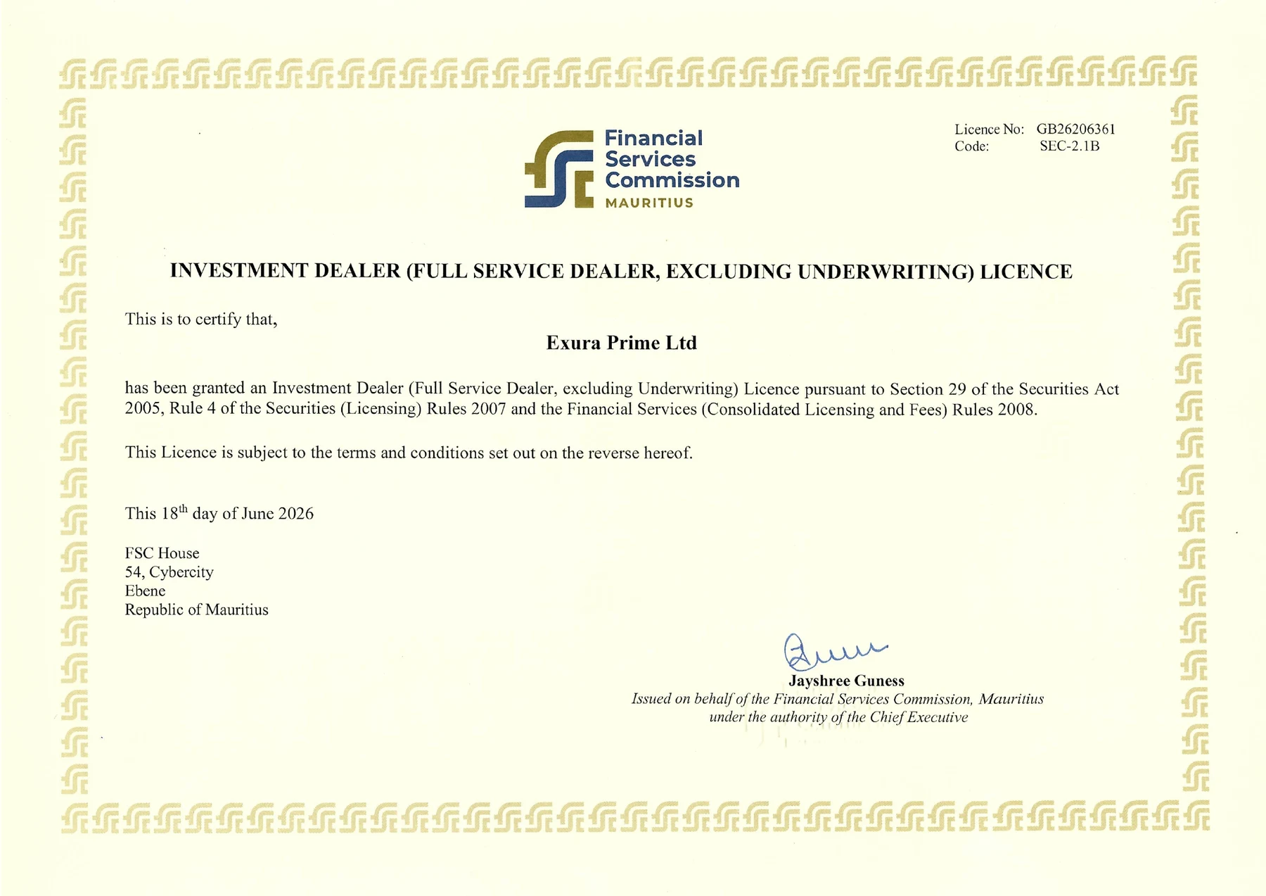 Certificado de licença de Investment Dealer emitido à Exura Prime Ltd pela Financial Services Commission de Maurício